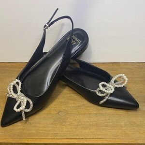 Crown & Ivy Payton flats. Elegant Black Slingback Heels with Pearl Bow